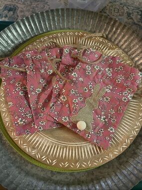 Four Pink Floral Drawstring BagsTop with Bunny Appliqué